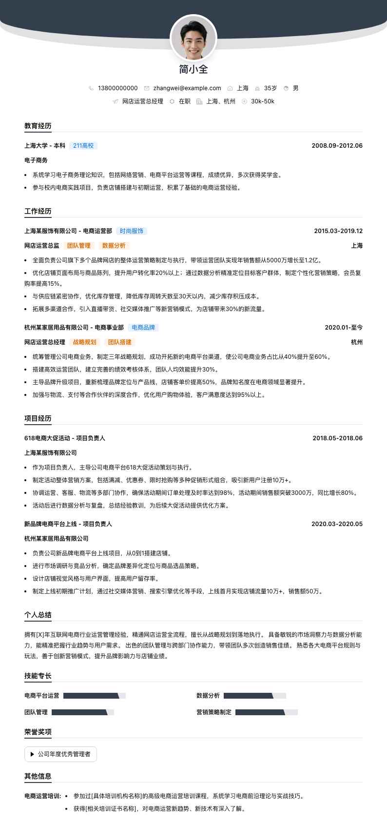 网店运营总经理简历模板