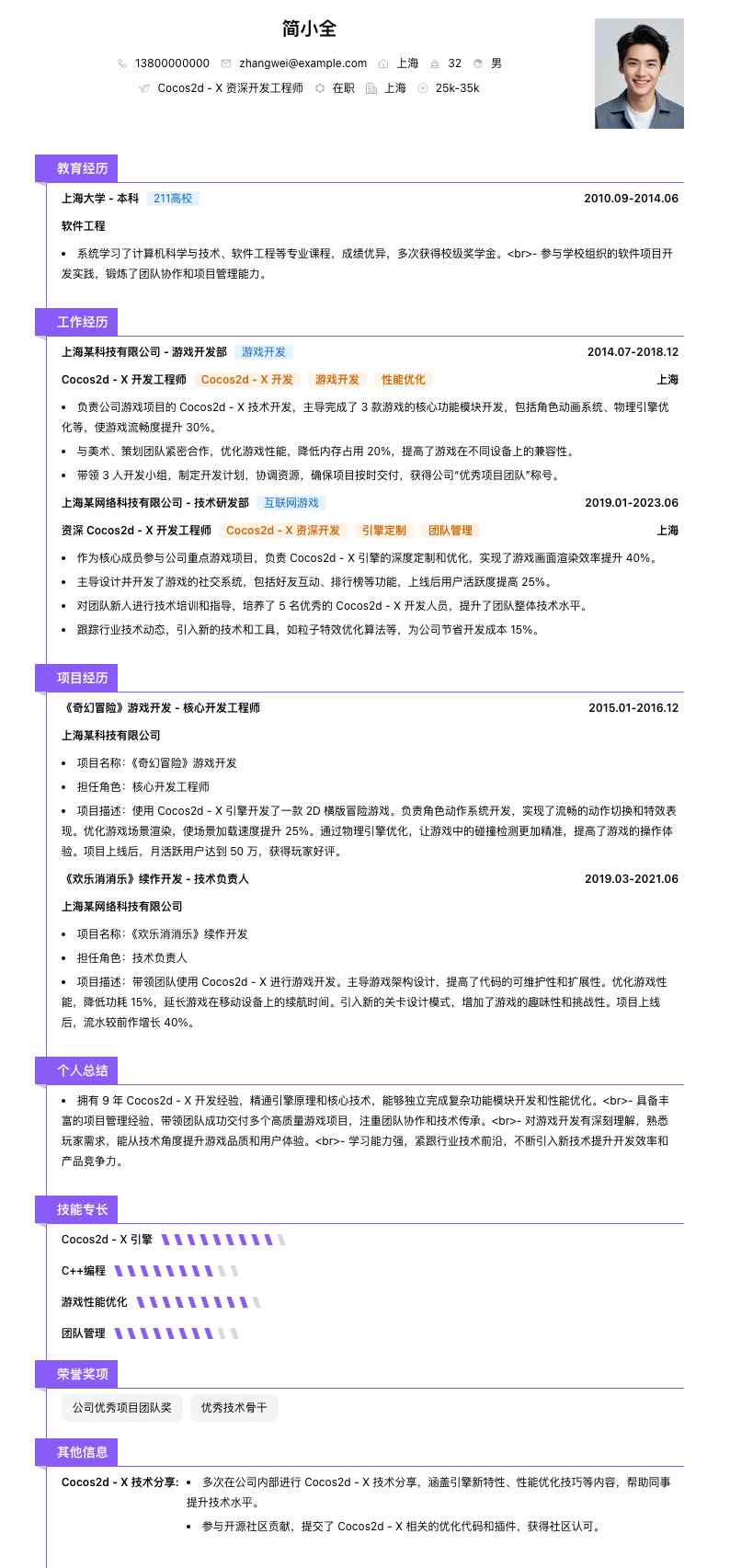 Cocos2d - X 资深开发工程师简历模板