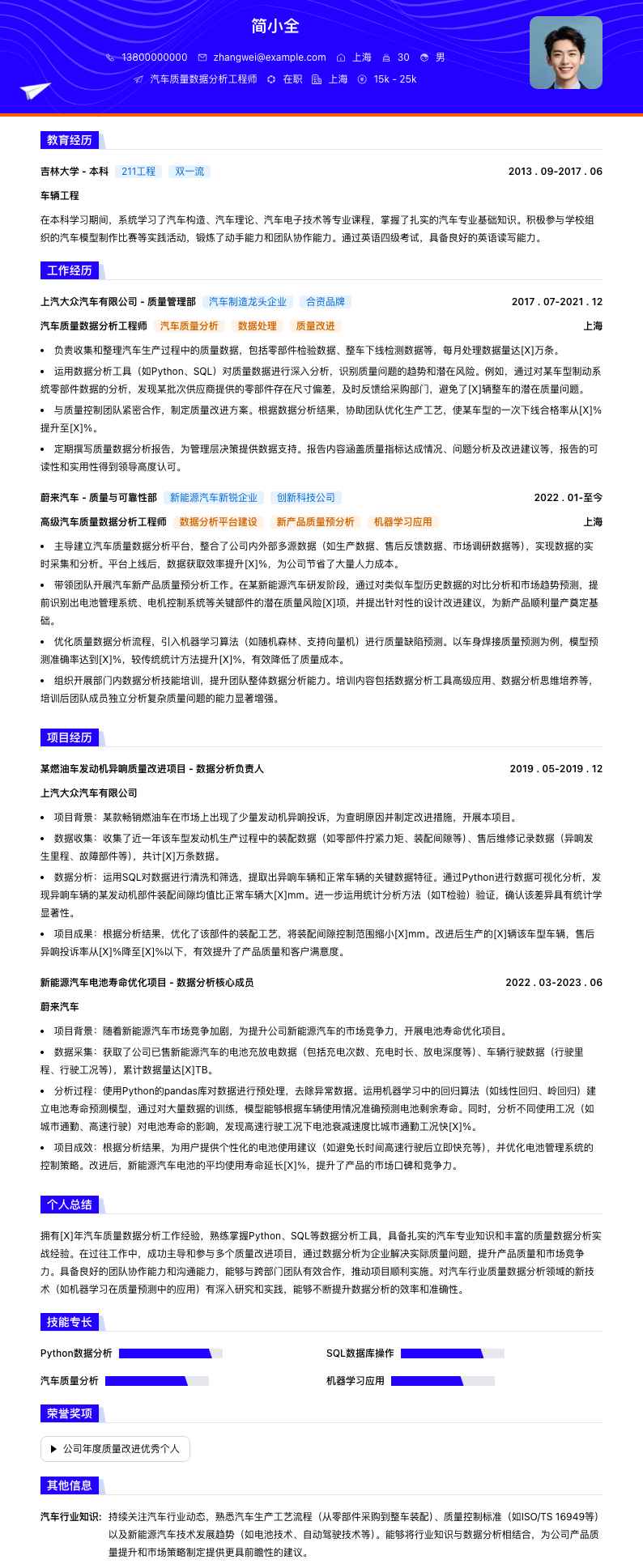 汽车质量数据分析工程师简历模板