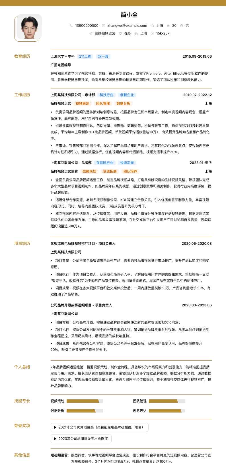 品牌视频运营简历模板