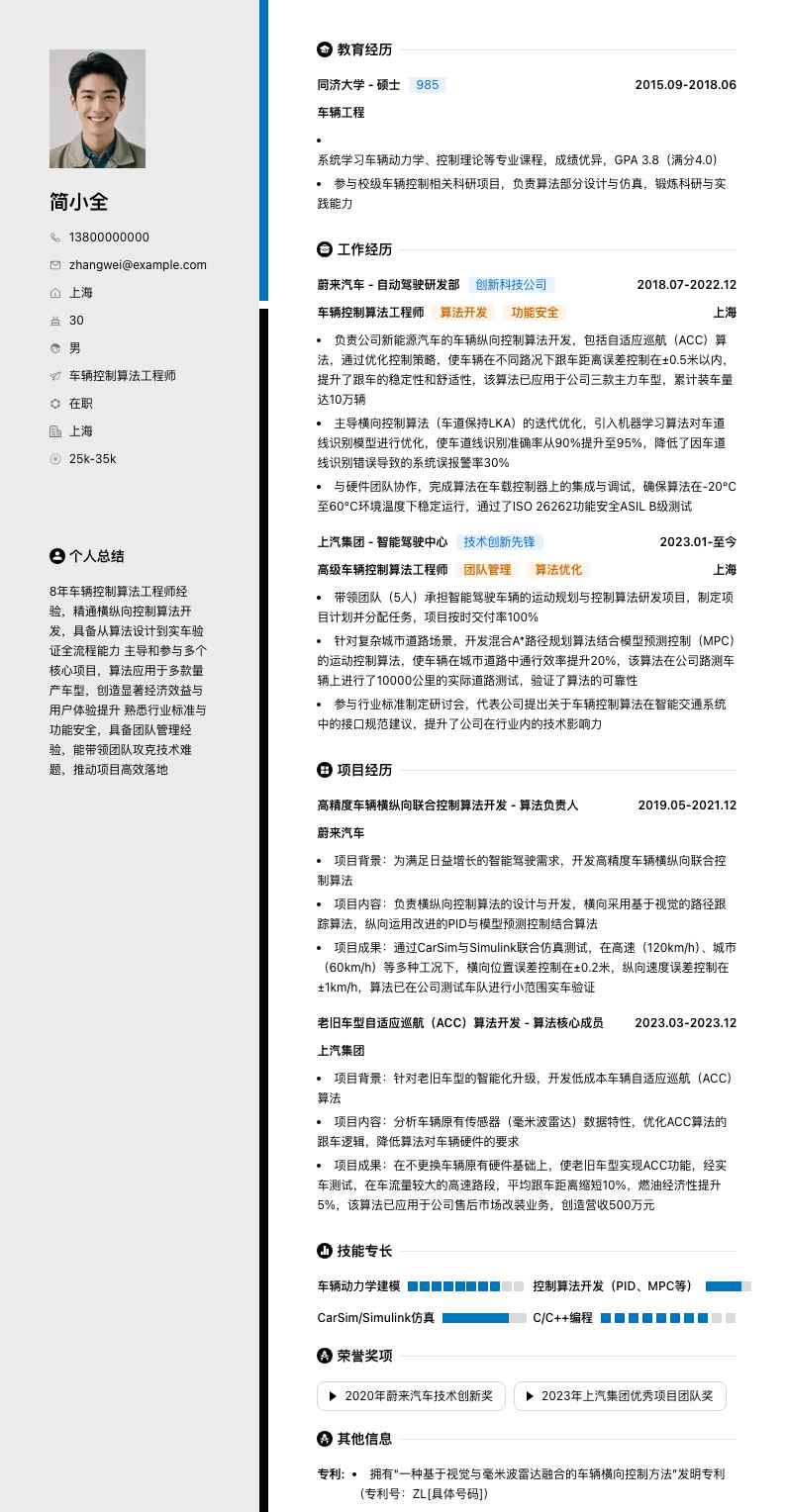 车辆控制算法工程师简历模板