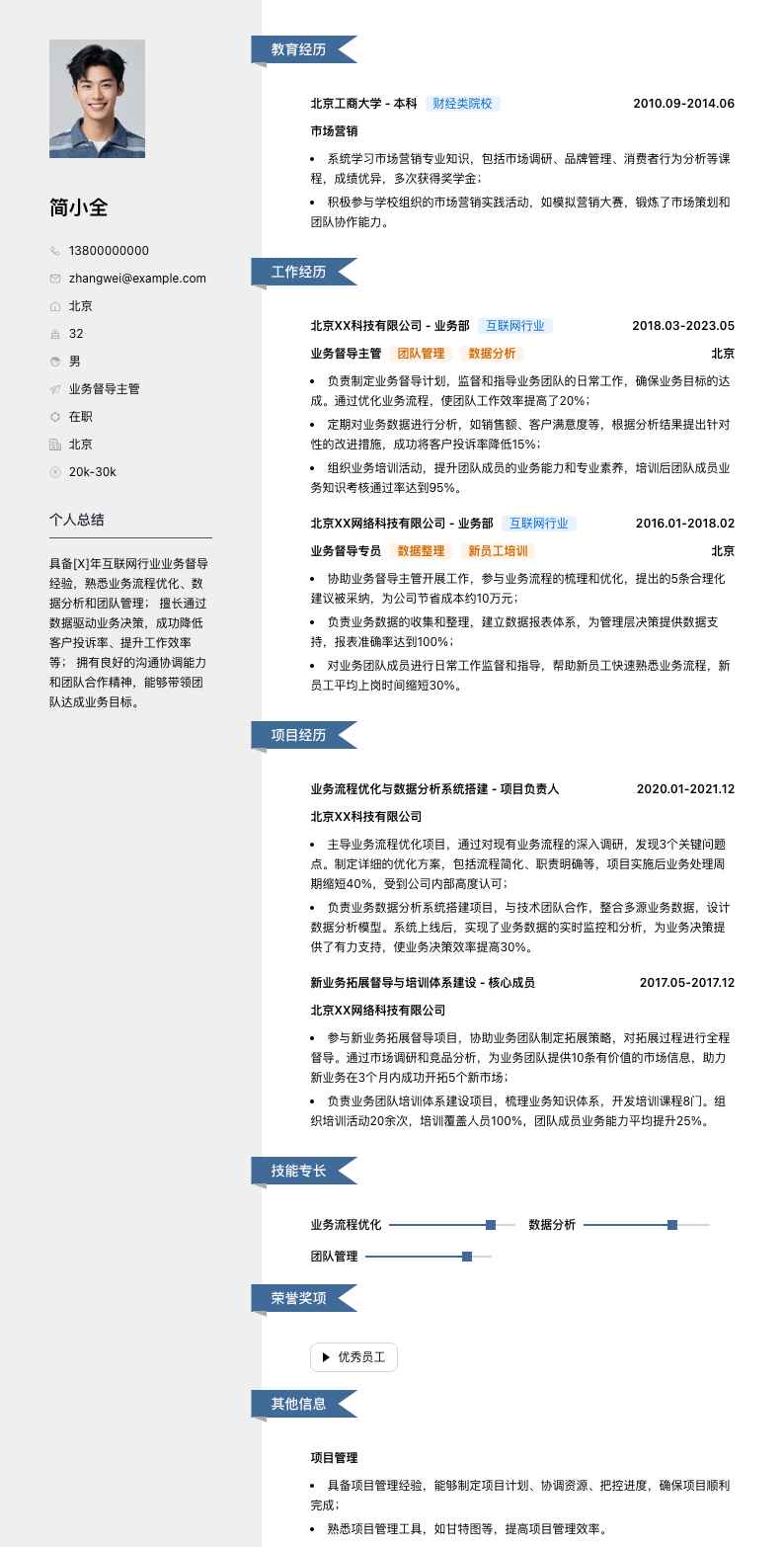 业务督导主管简历模板