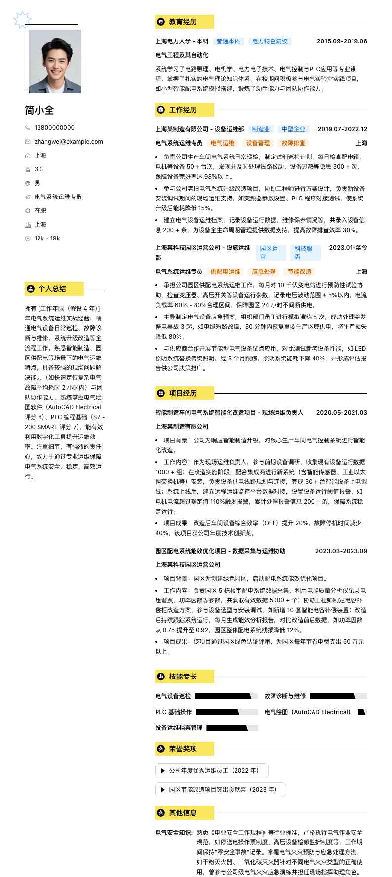 电气系统运维专员简历模板