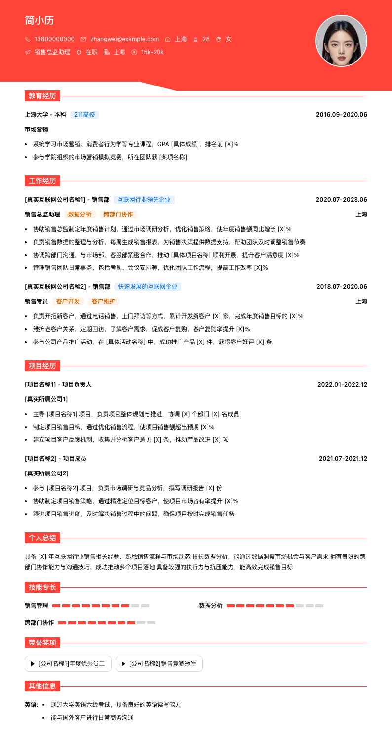 销售总监助理简历模板