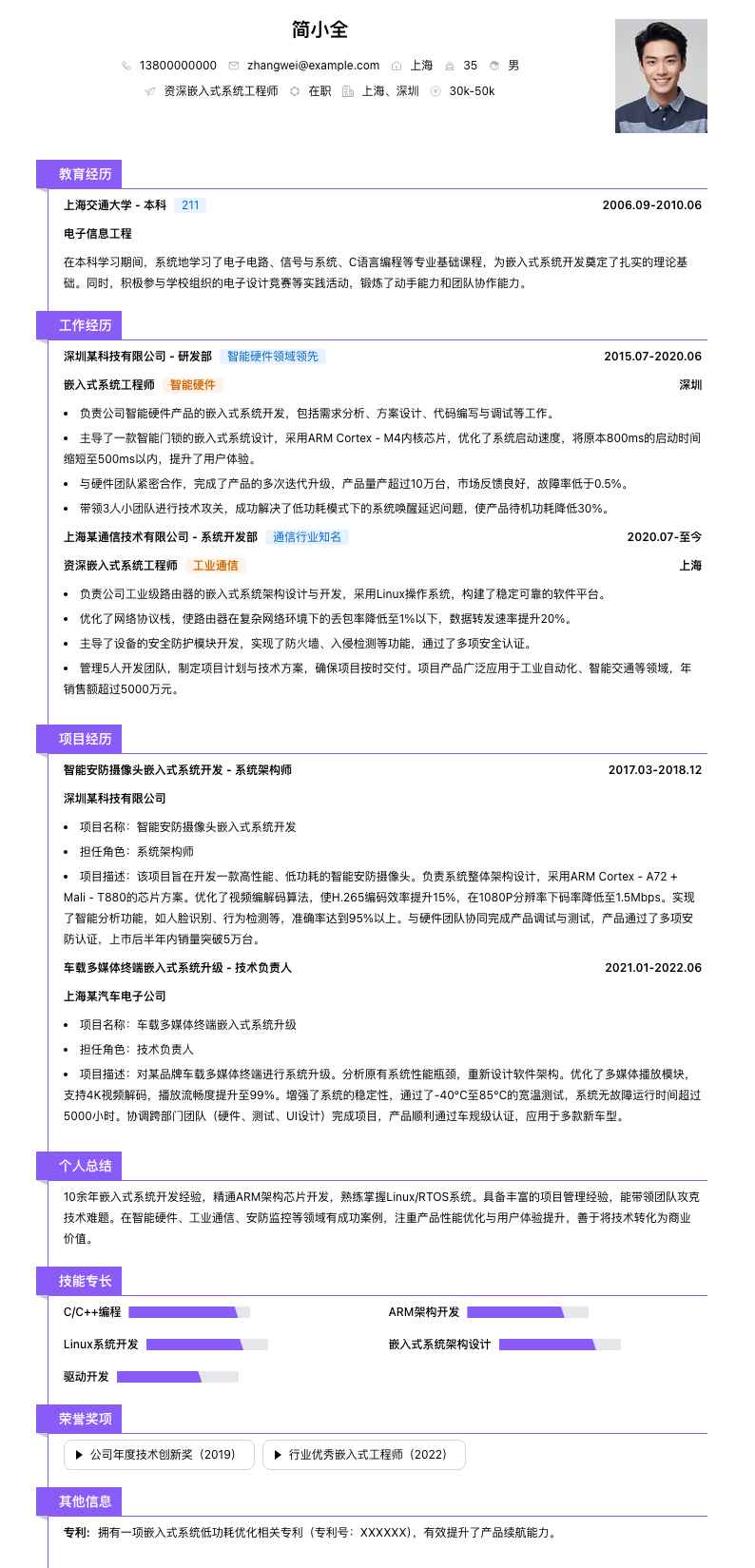 资深嵌入式系统工程师简历模板