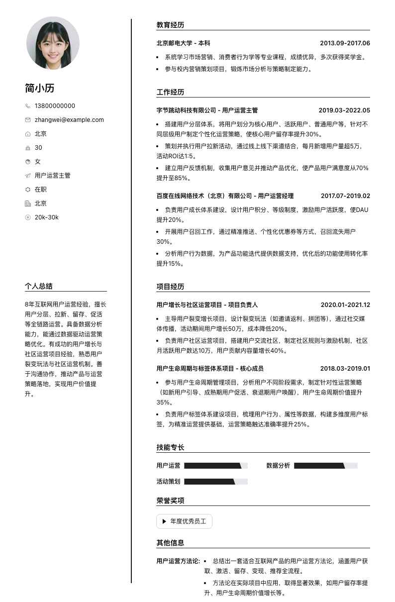 用户运营主管简历模板