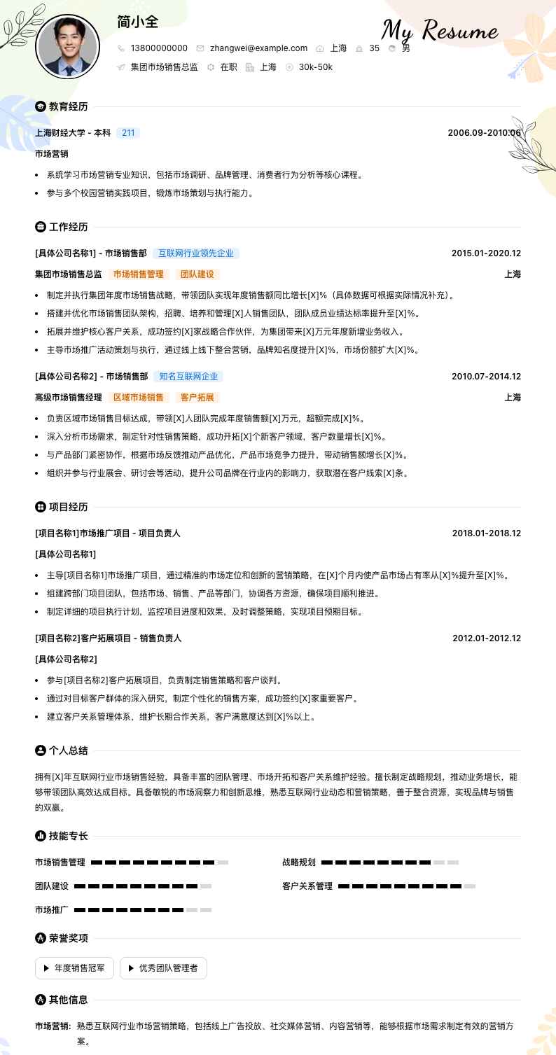 集团市场销售总监简历模板