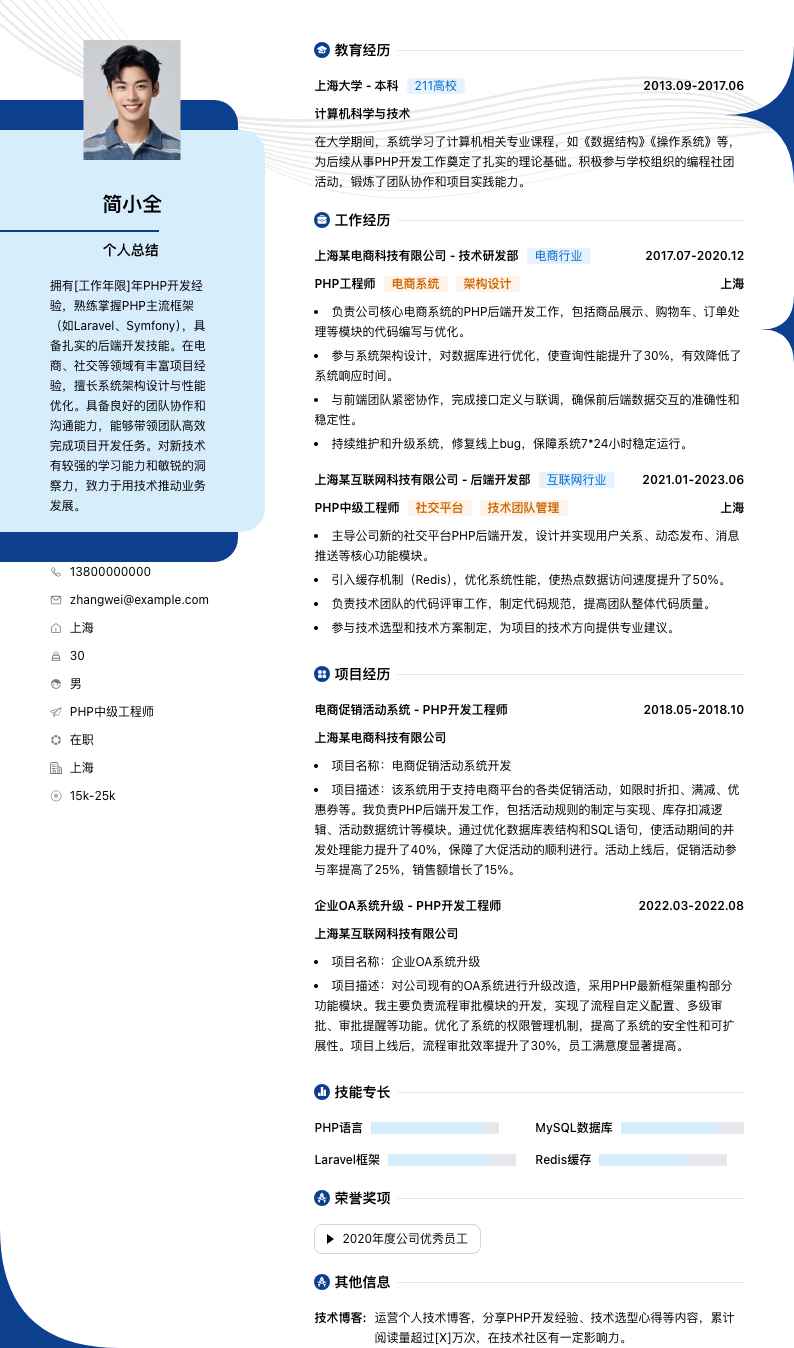 php中级工程师简历模板