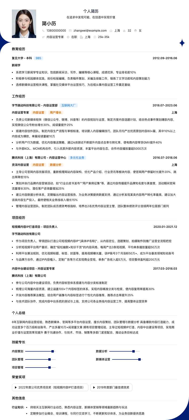 内容运营专家简历模板