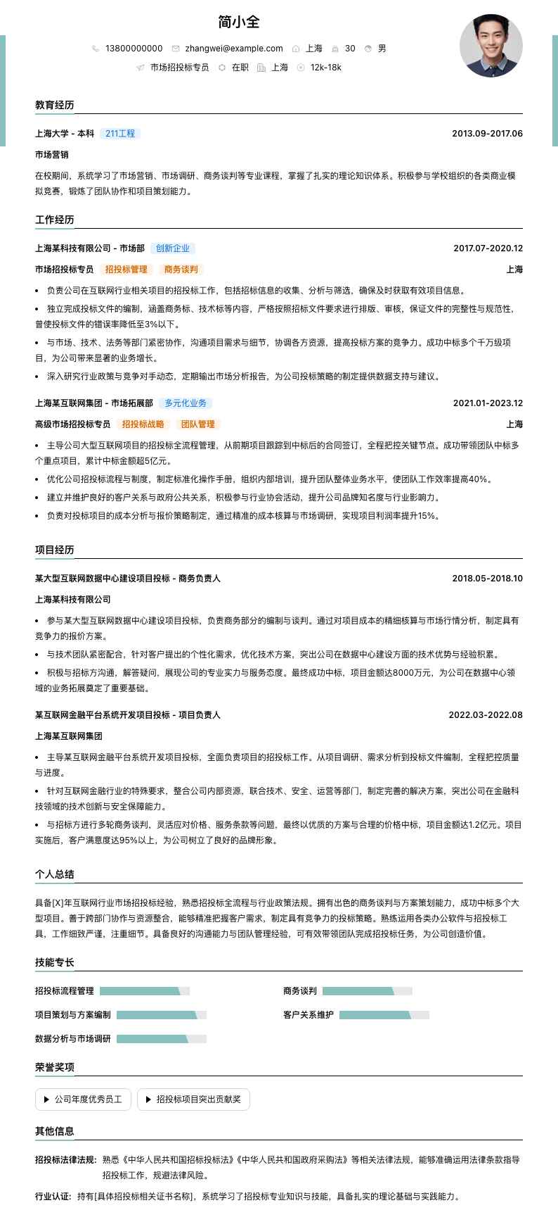 市场招投标专员简历模板