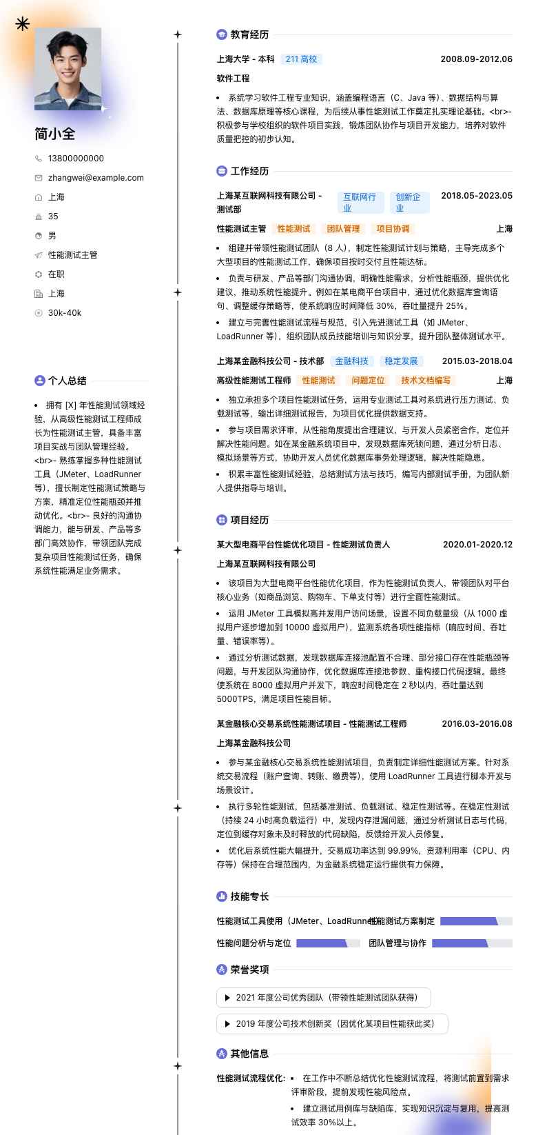 性能测试主管简历模板