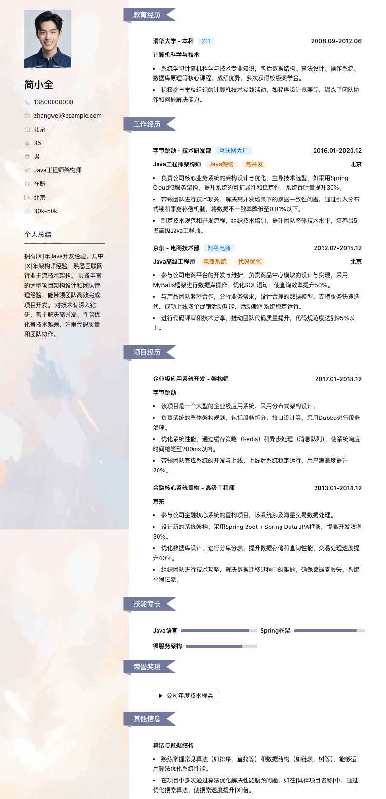 java工程师架构师简历模板