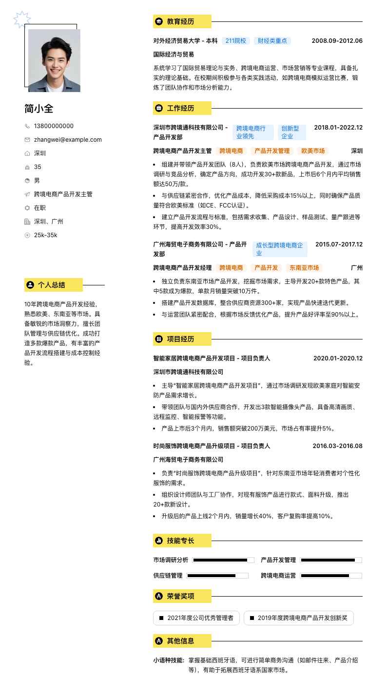 跨境电商产品开发主管简历模板