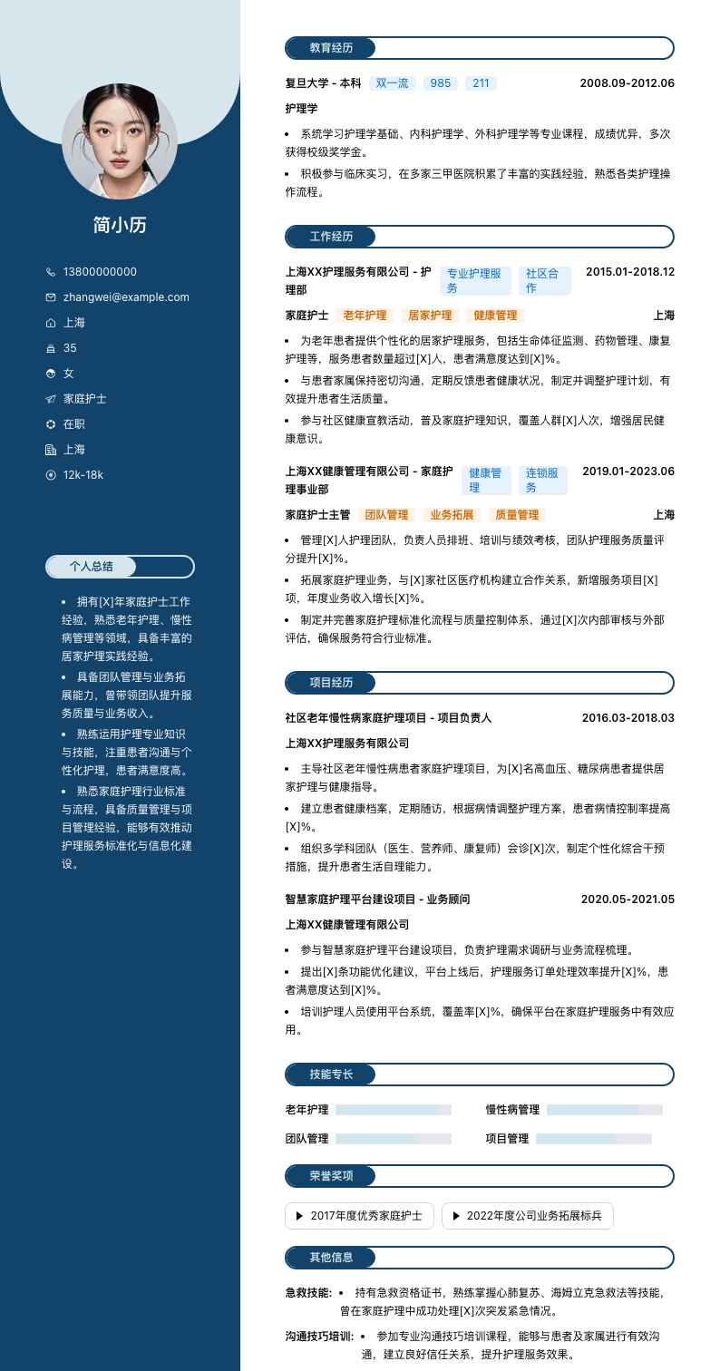 家庭护士简历模板