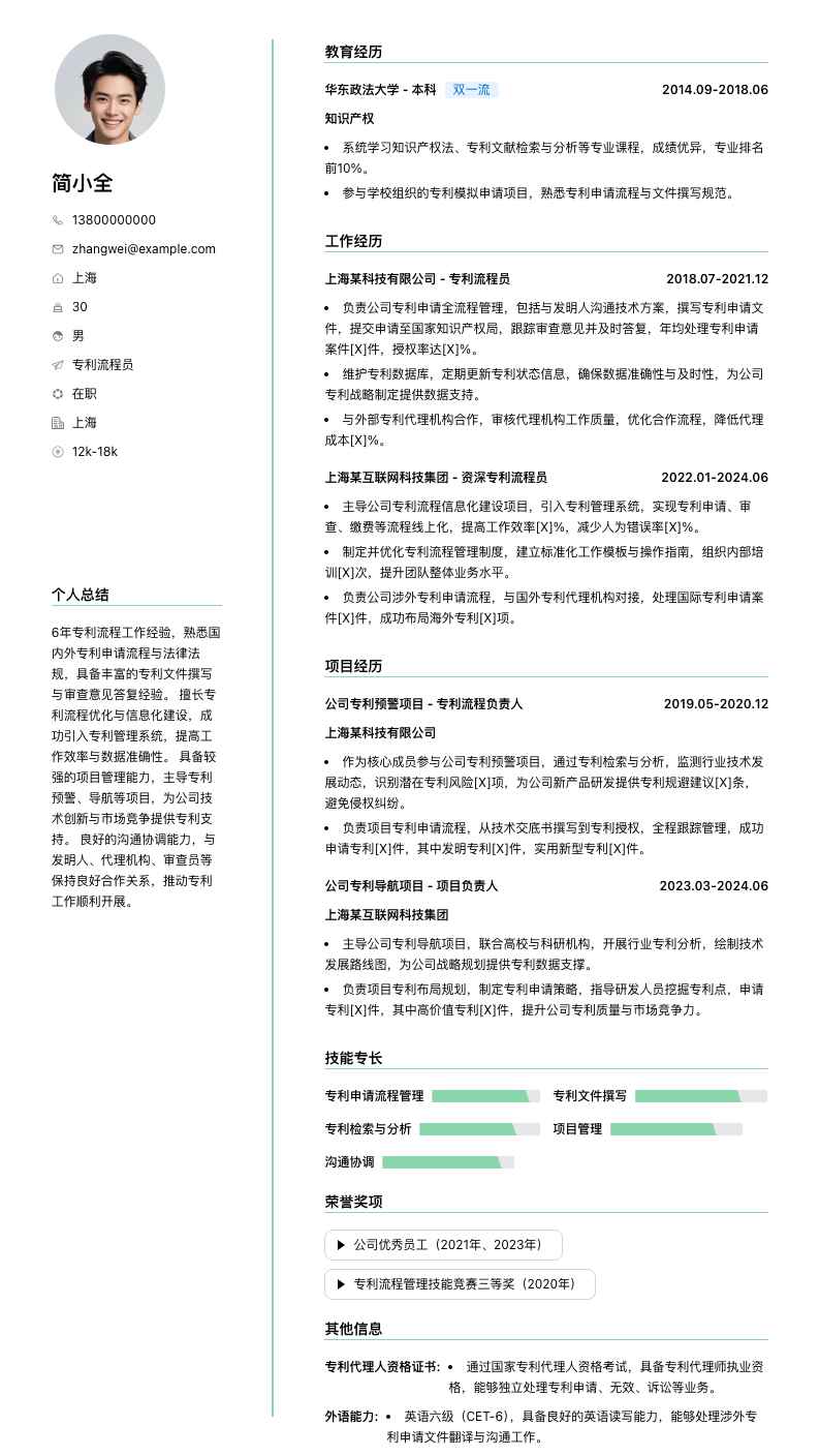 专利流程员简历模板