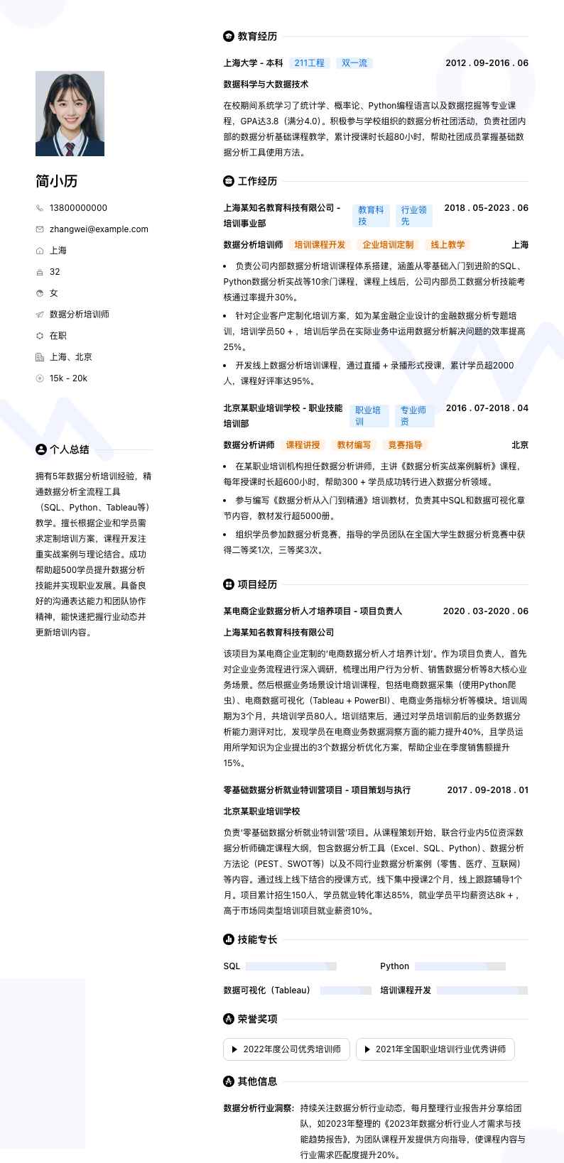 数据分析培训师简历模板