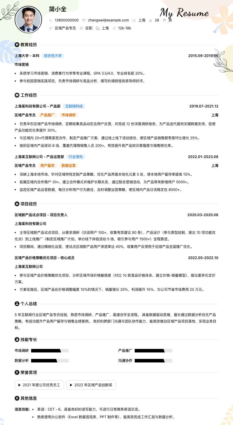 区域产品专员简历模板