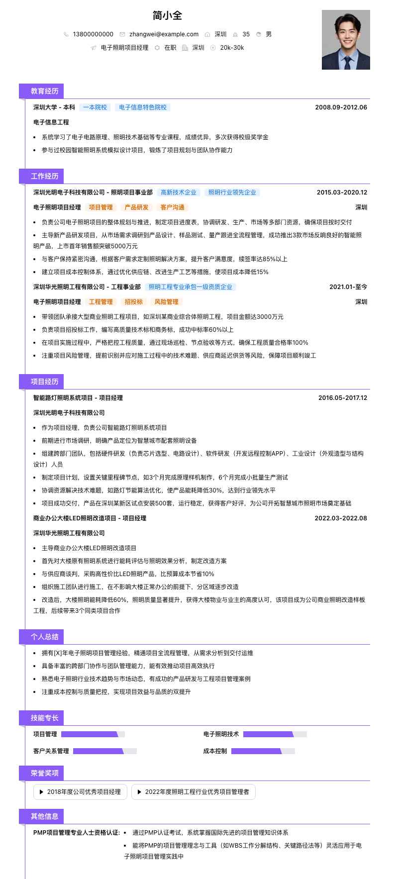 电子照明项目经理简历模板