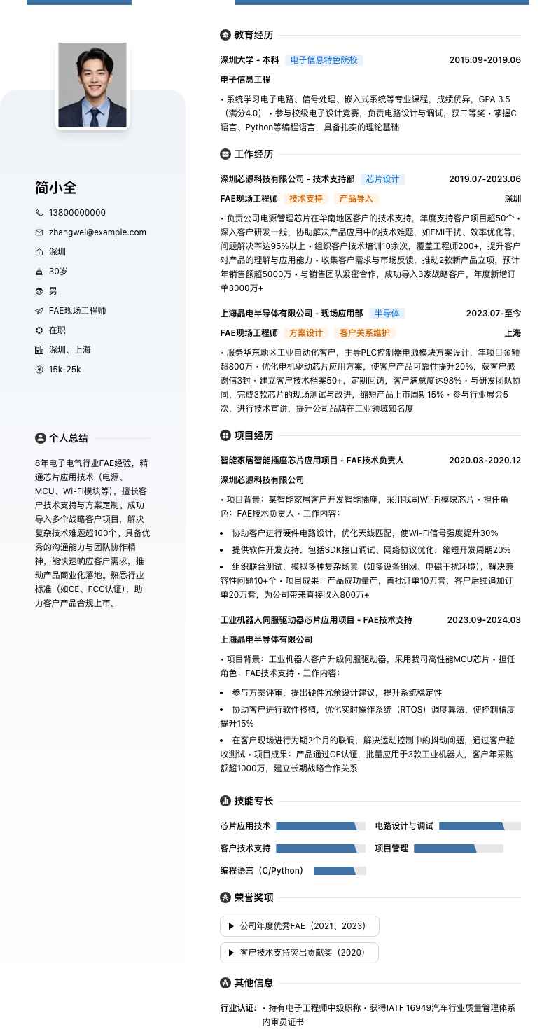 fae现场工程师简历模板