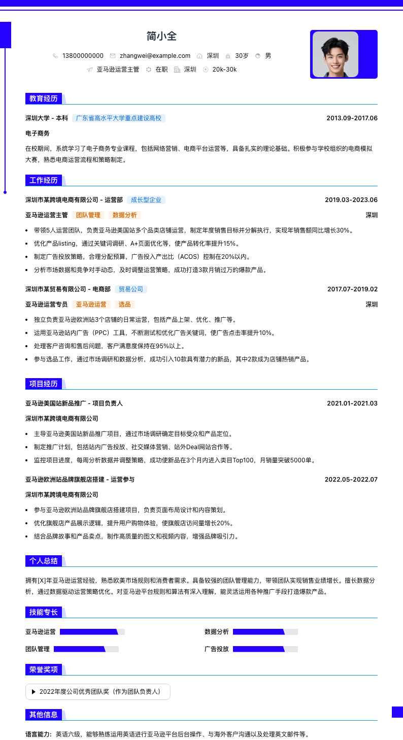 亚马逊运营主管简历模板