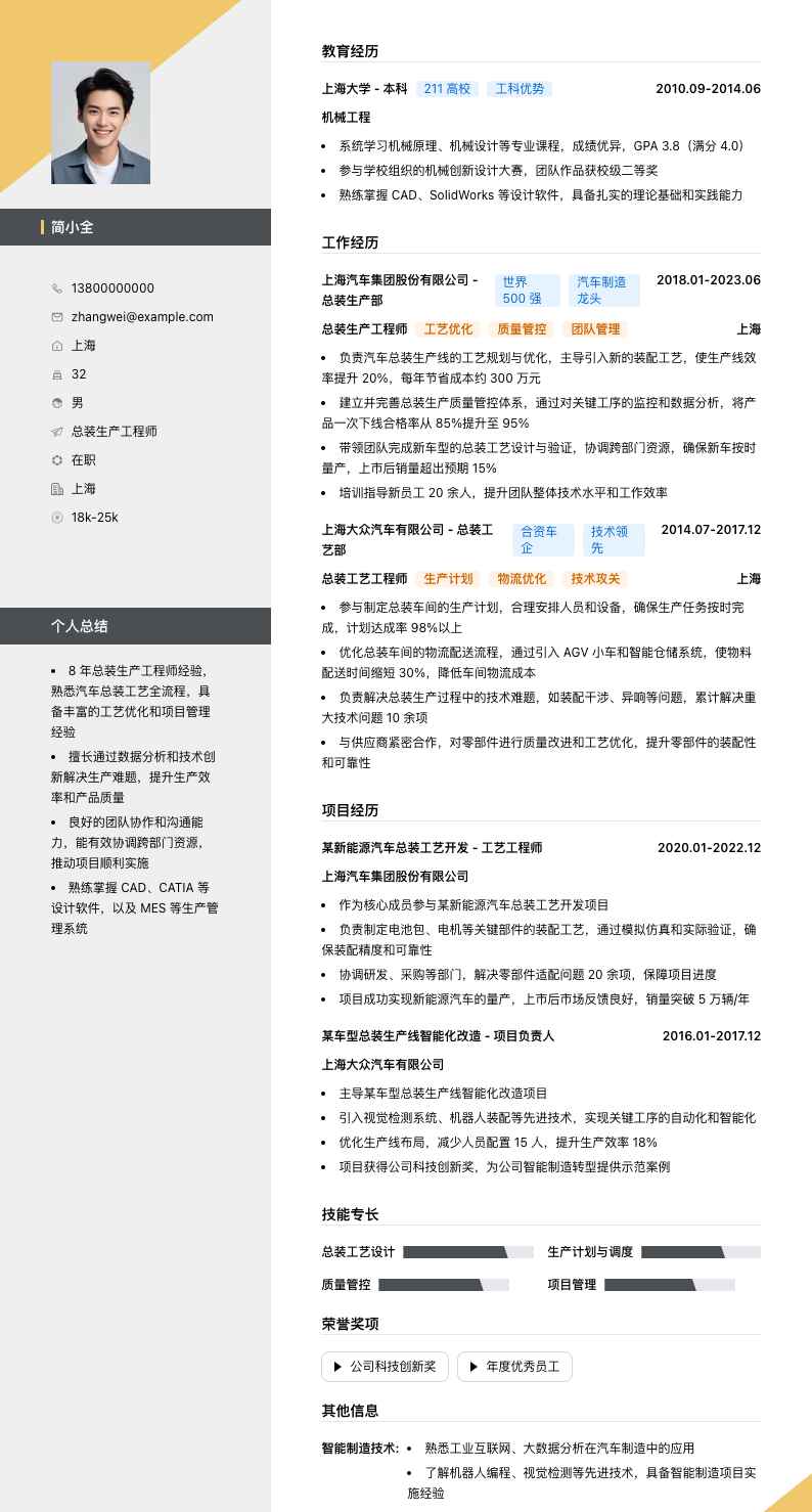 总装生产工程师简历模板