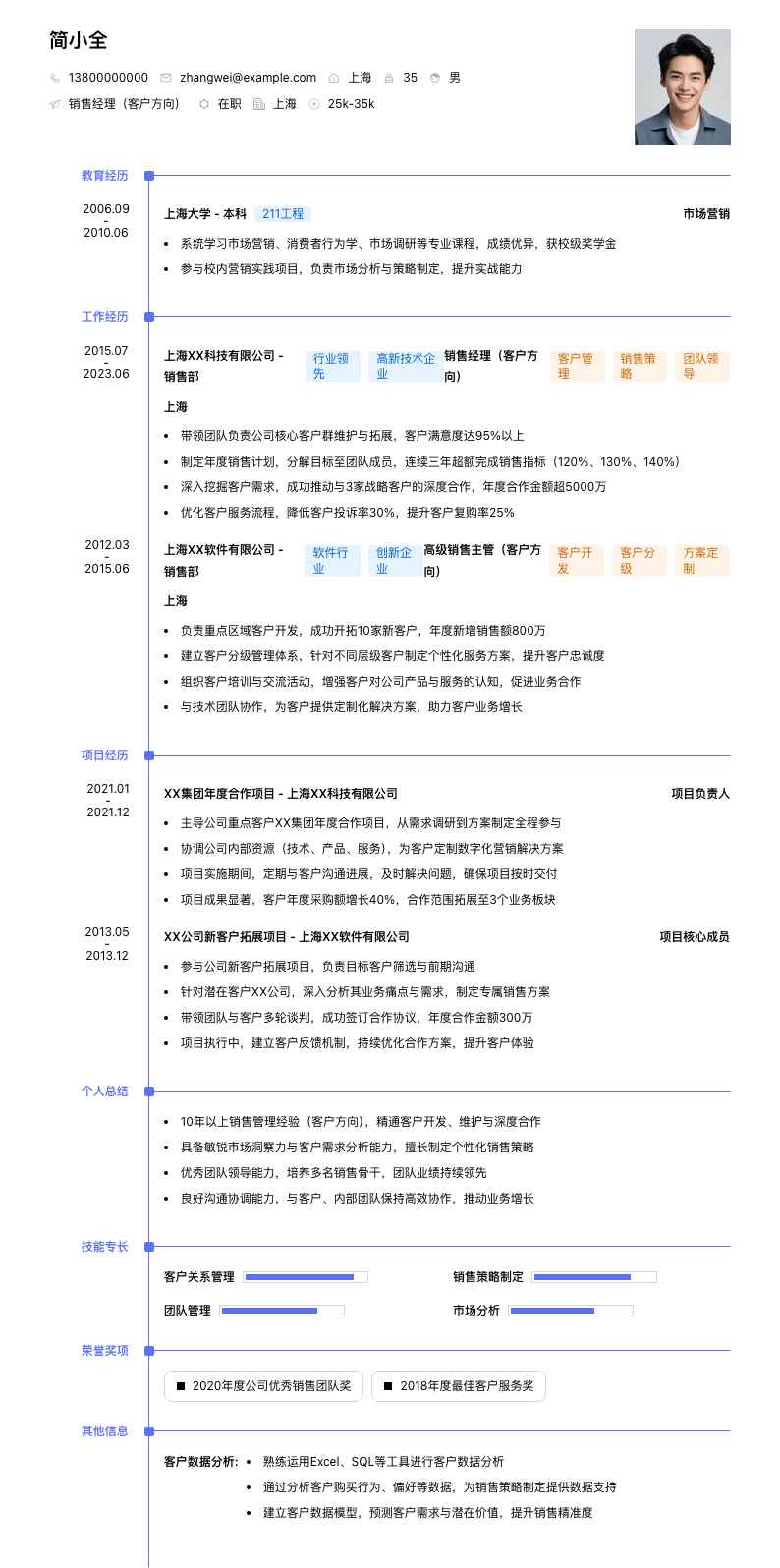 销售经理（客户方向）简历模板