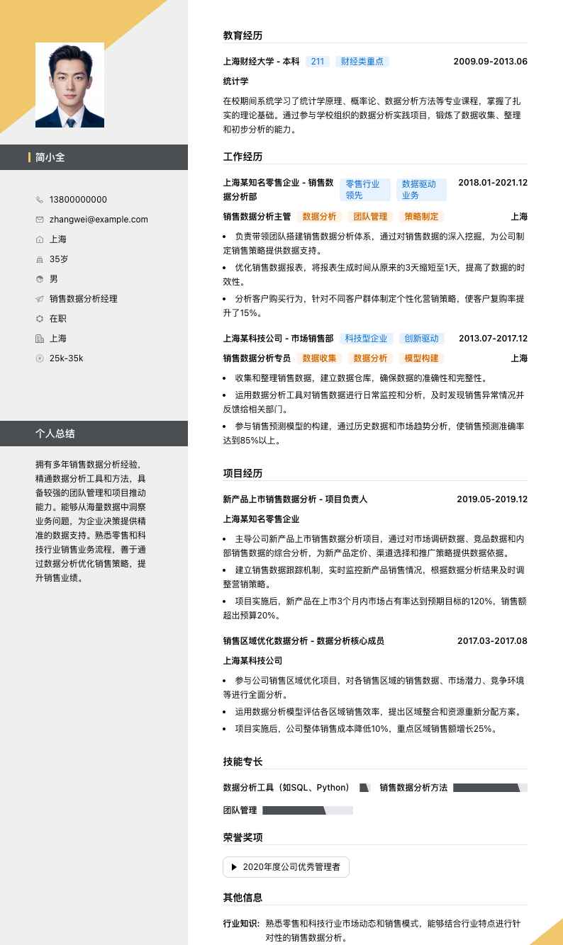 销售数据分析经理简历模板