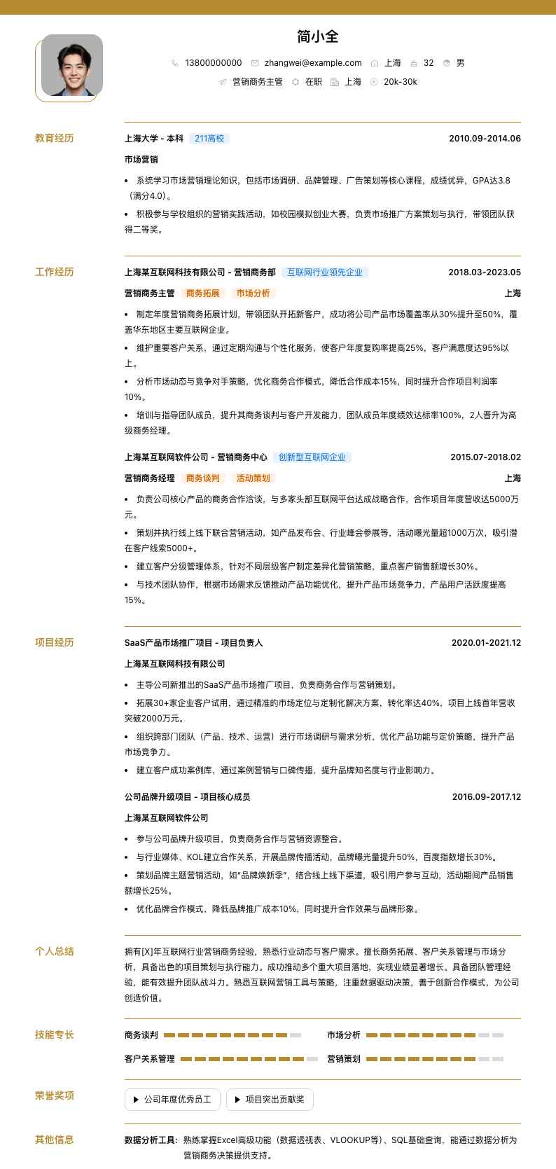 营销商务主管简历模板