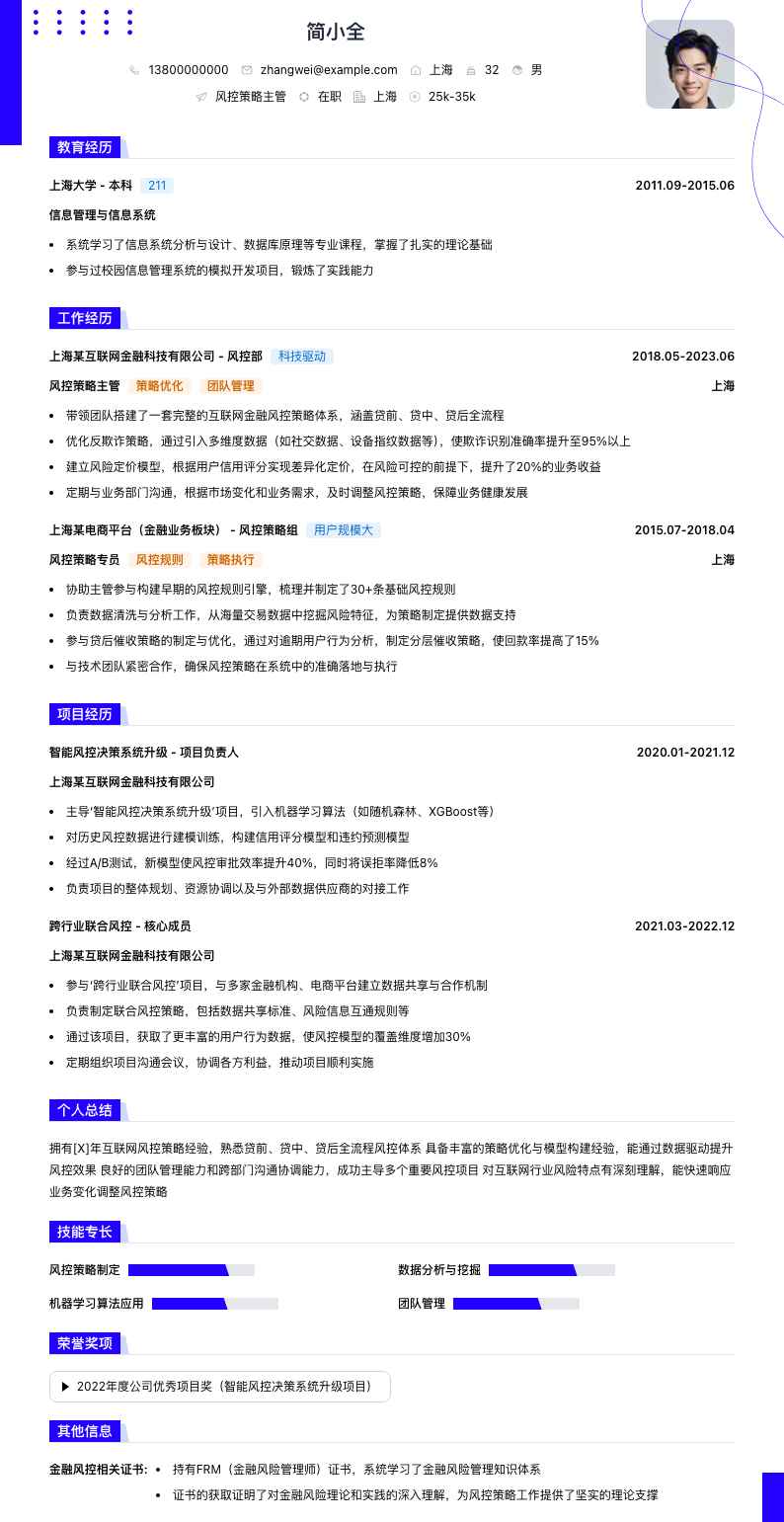 风控策略主管简历模板