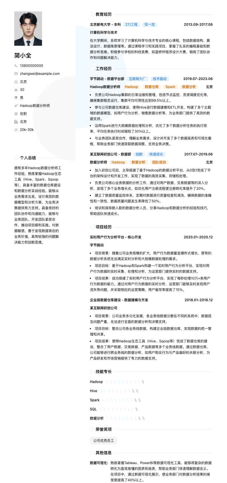 Hadoop数据分析师简历模板