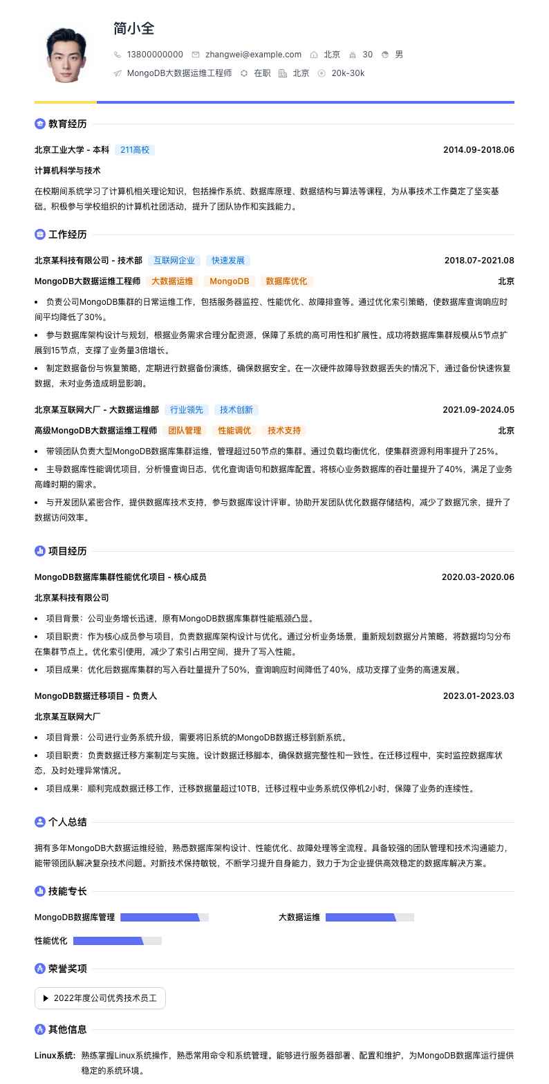 MongoDB大数据运维工程师简历模板