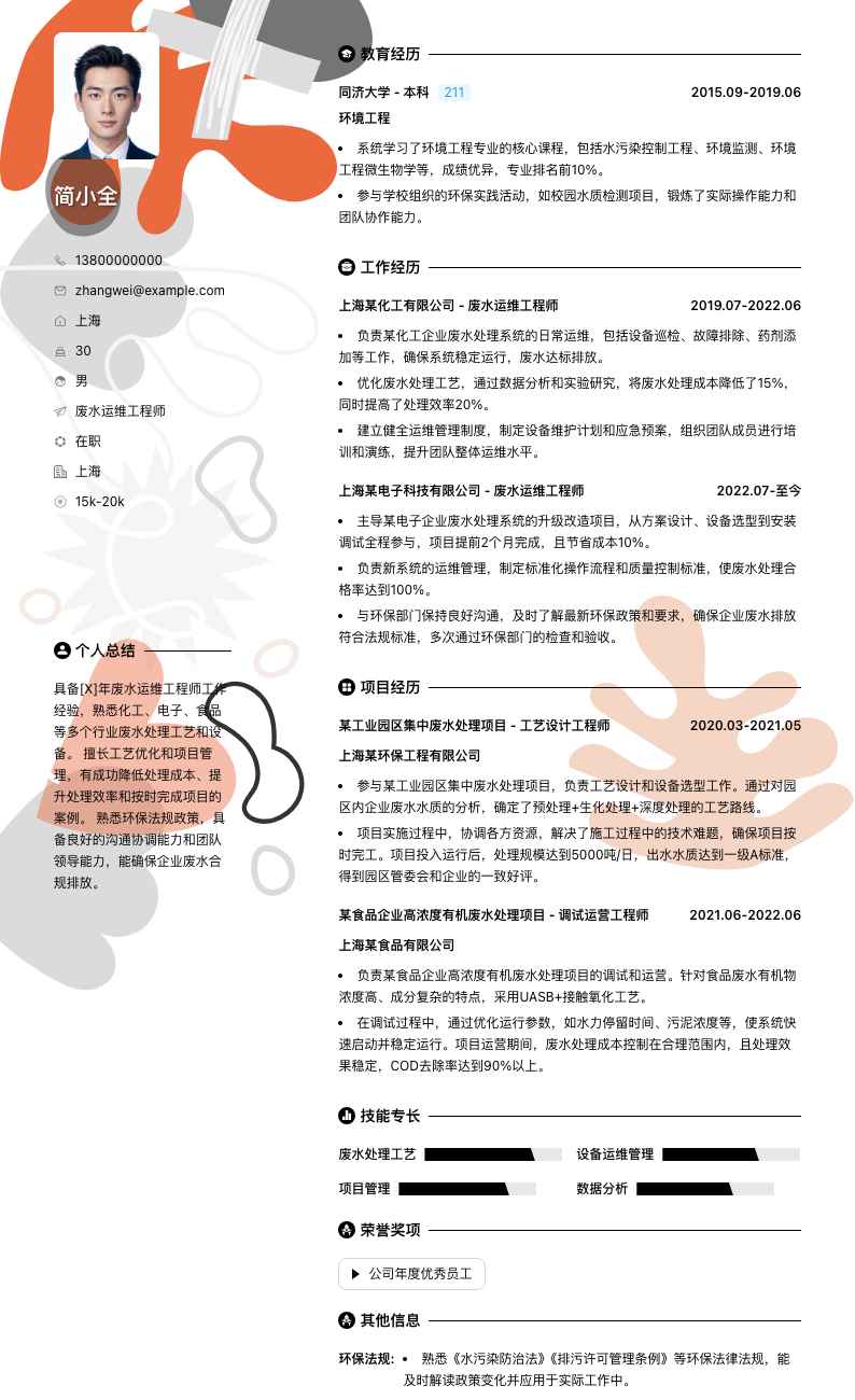 废水运维工程师简历模板