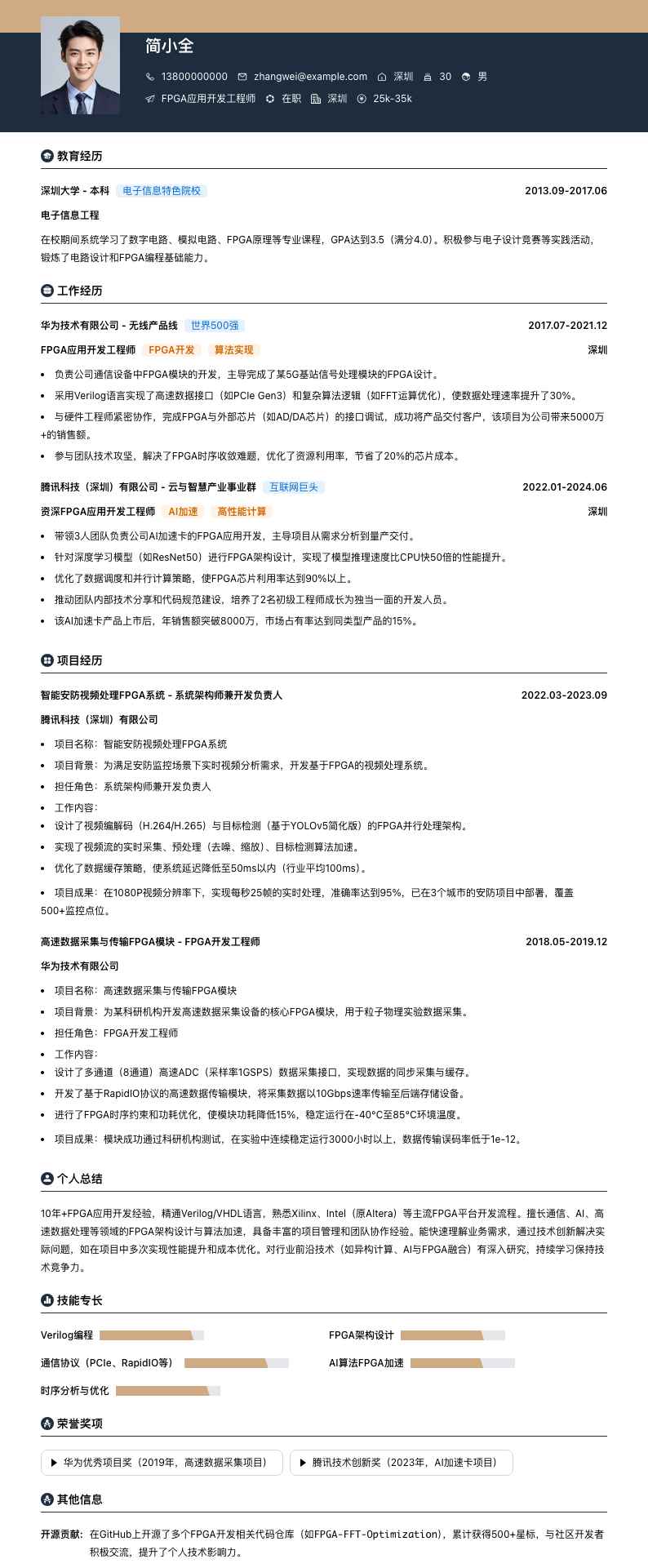 fpga应用开发工程师简历模板