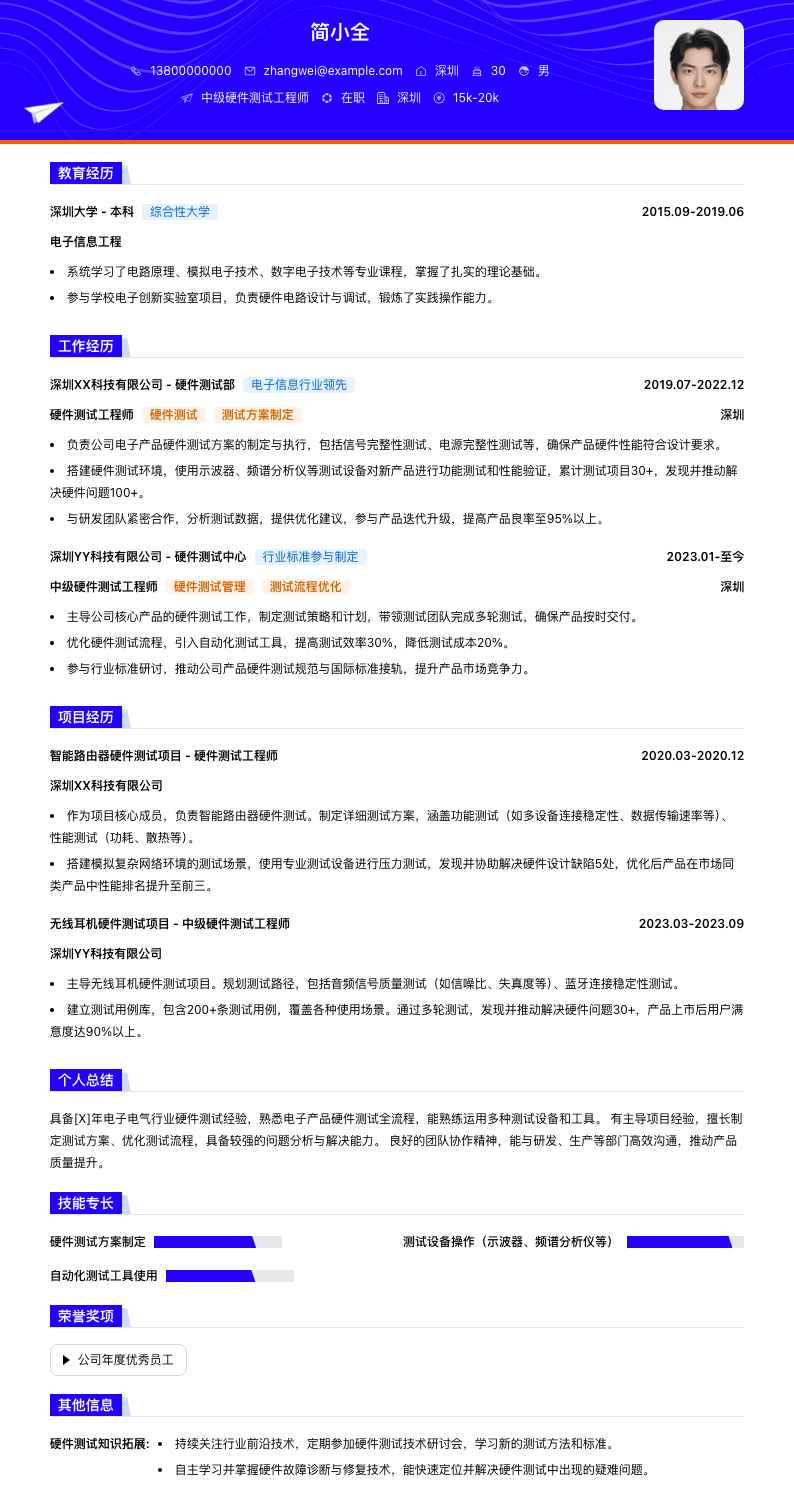 中级硬件测试工程师简历模板