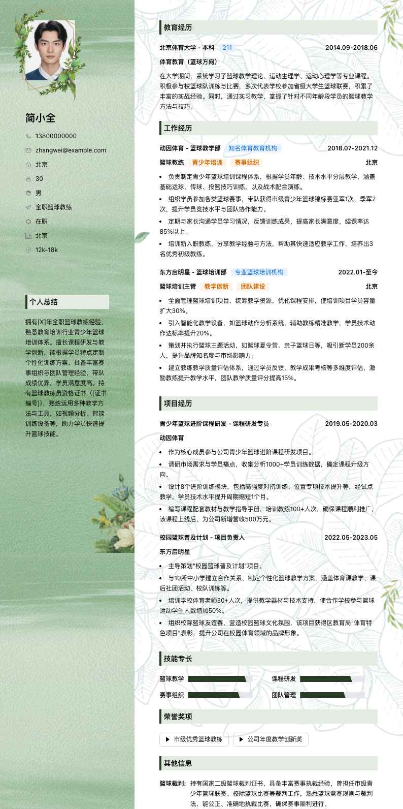 全职篮球教练简历模板