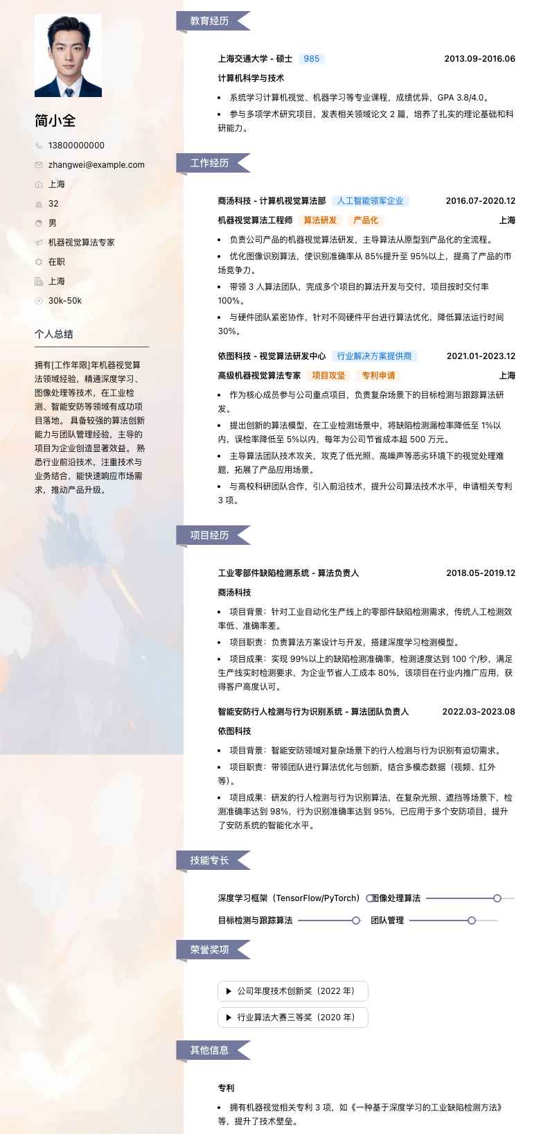 机器视觉算法专家简历模板