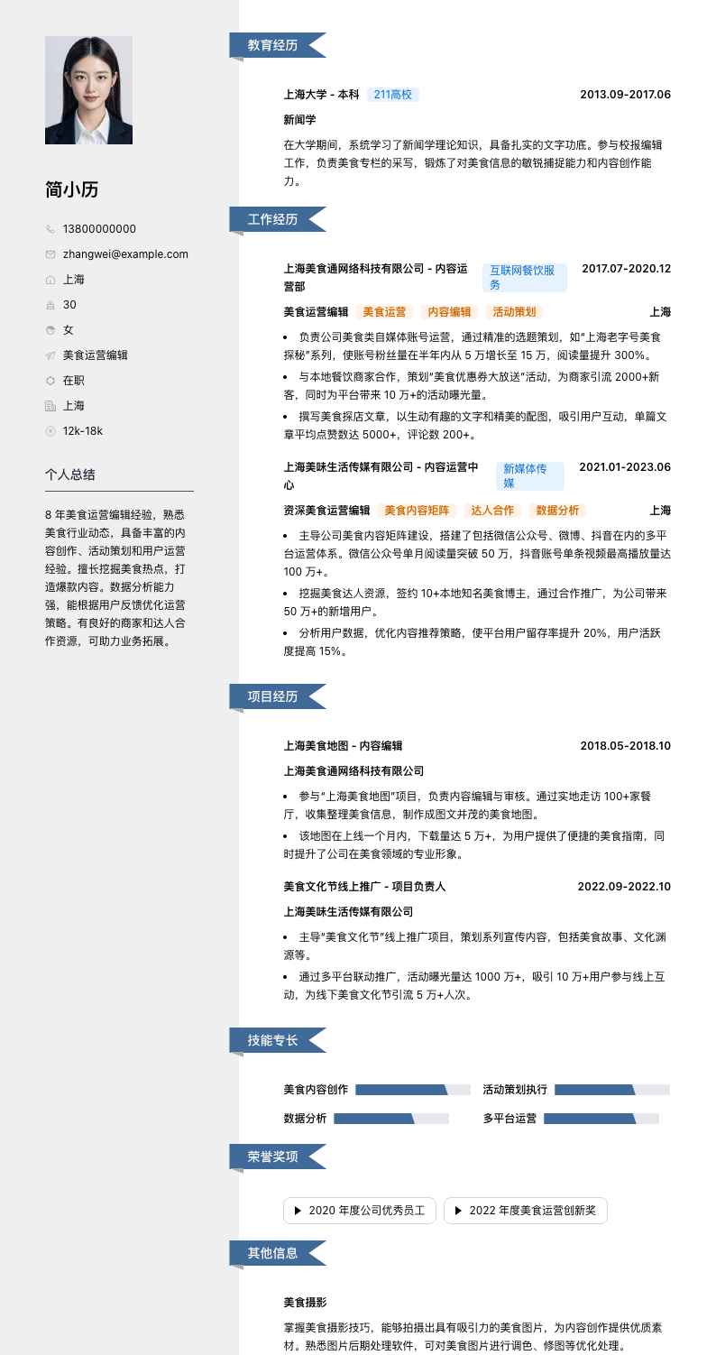 美食运营编辑简历模板