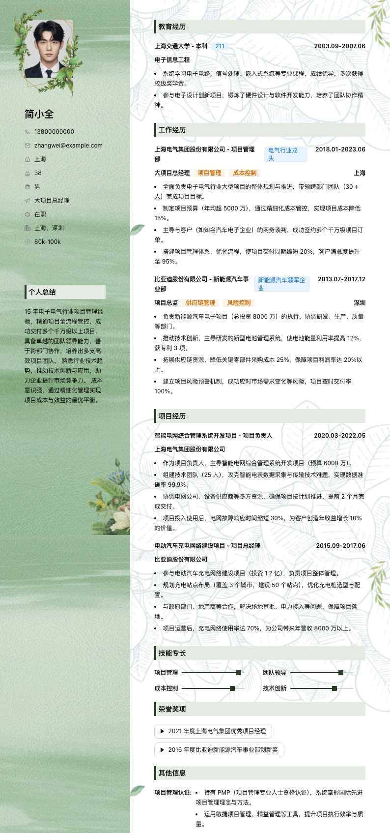 大项目总经理简历模板