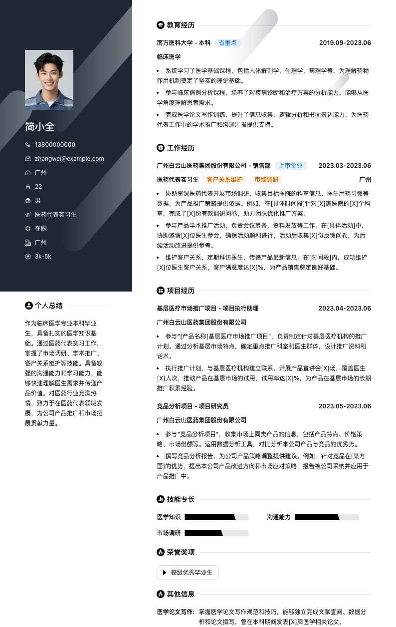 医药代表实习生简历模板