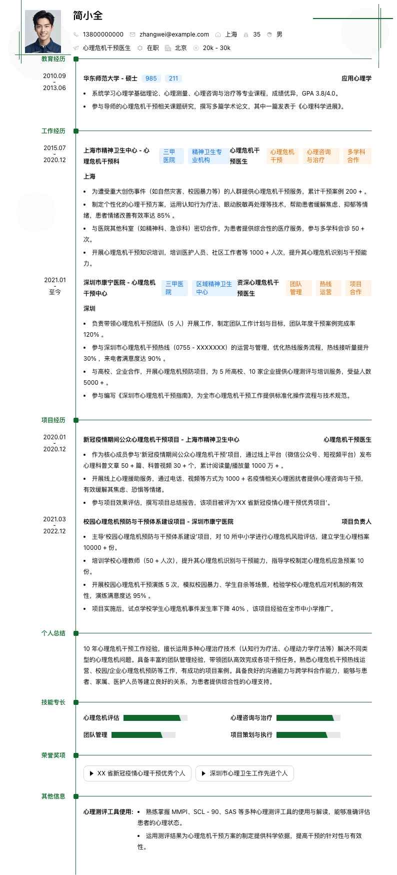 心理危机干预医生简历模板