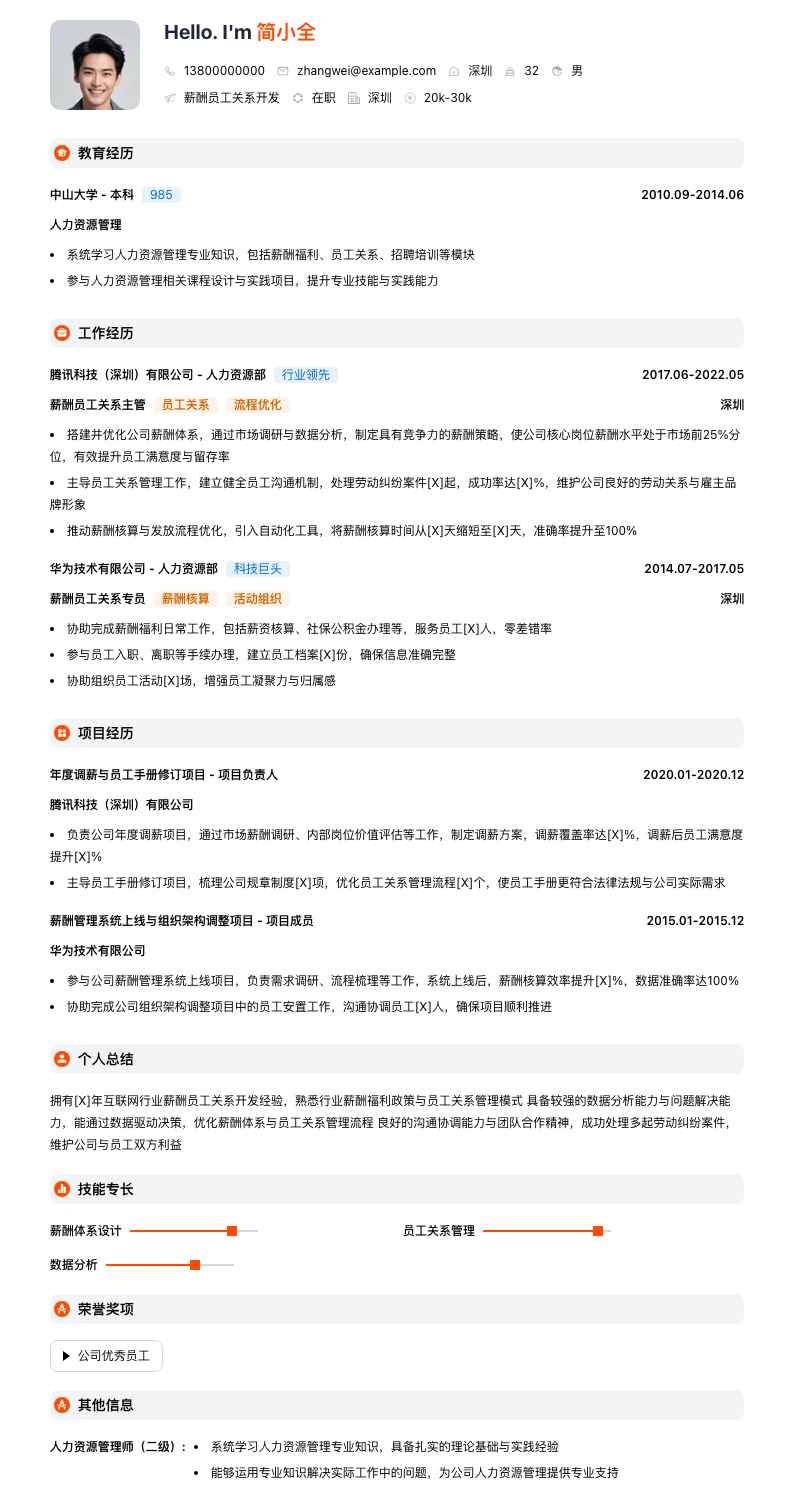 薪酬员工关系简历模板