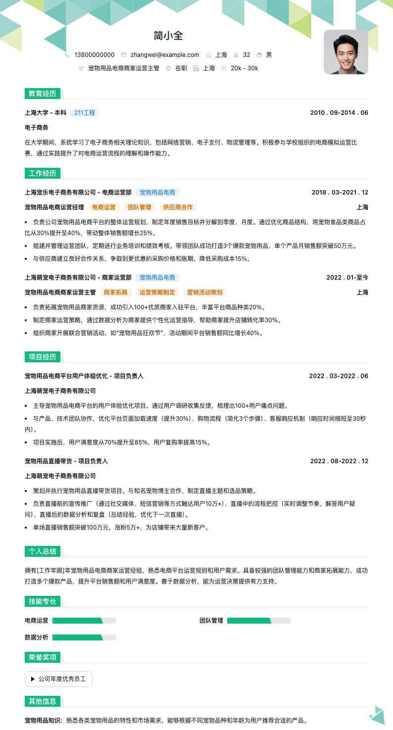 宠物用品电商商家运营主管简历模板