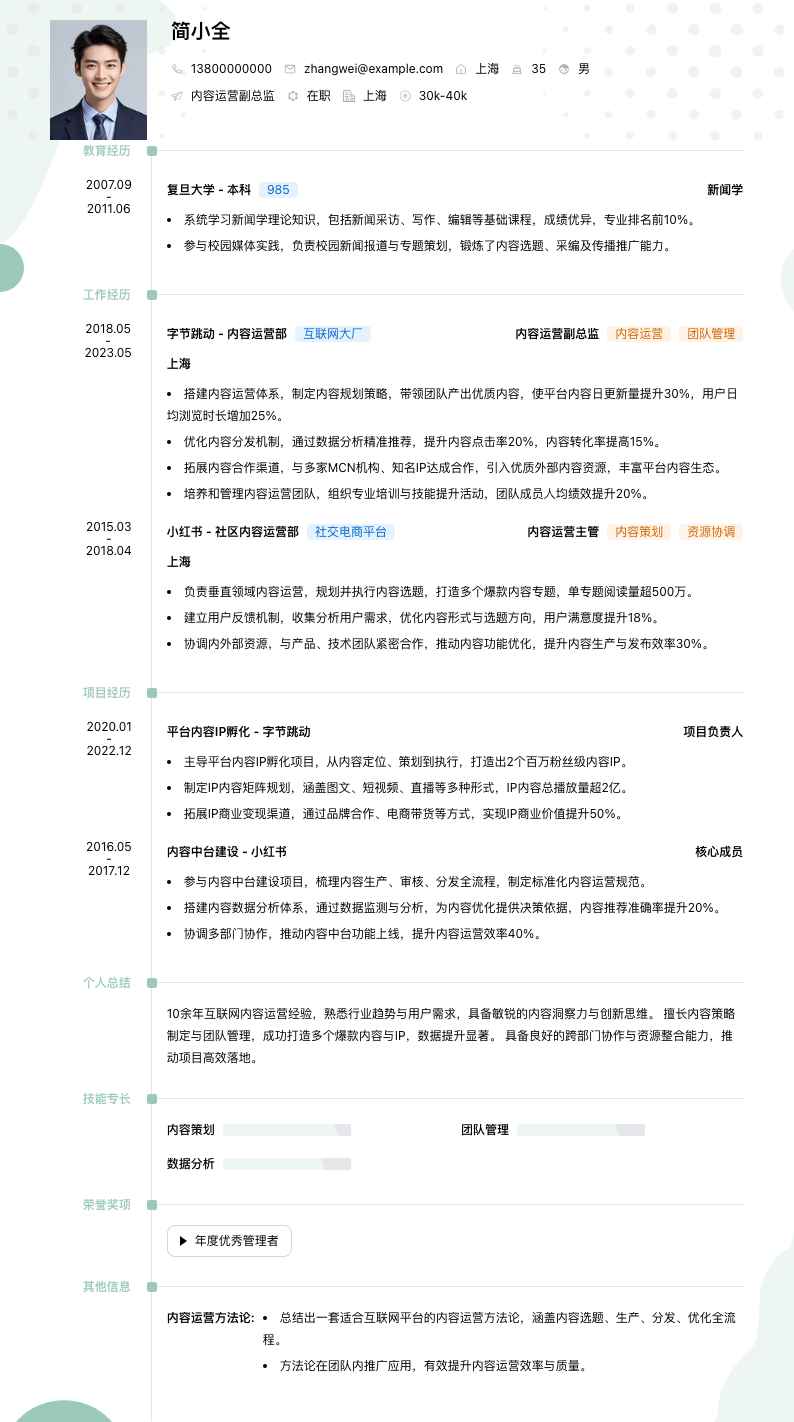 内容运营副总监简历模板