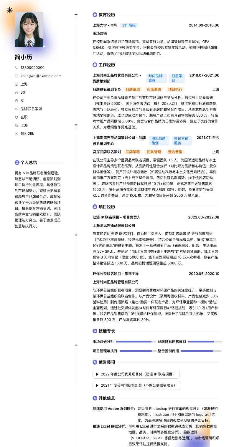 品牌联名策划简历模板