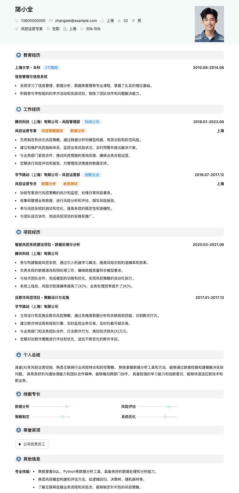 风控运营专家简历模板