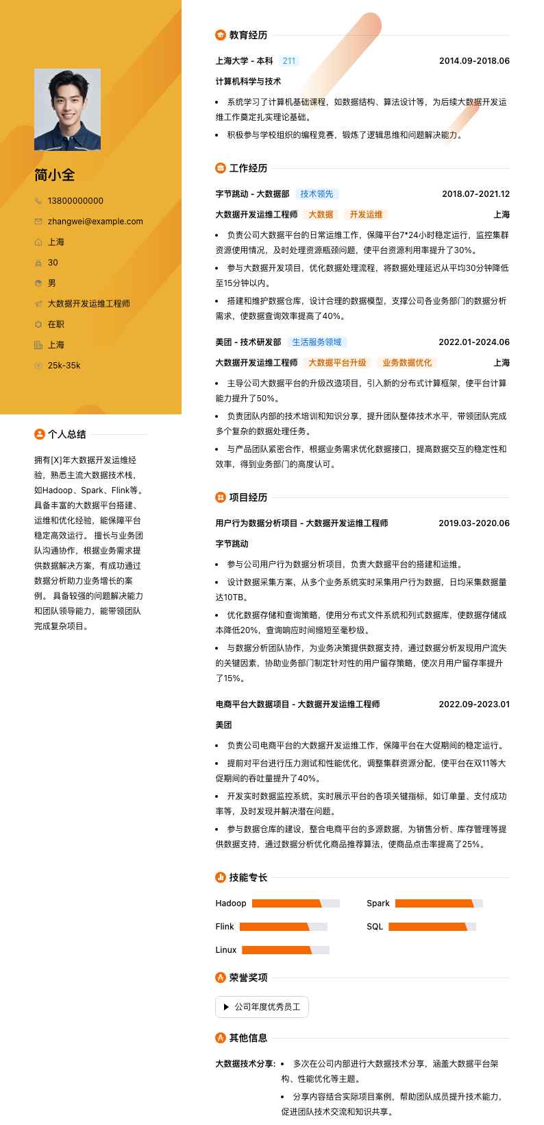 大数据开发运维工程师简历模板