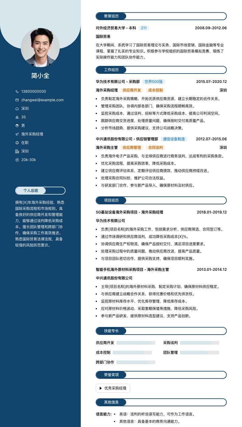 海外采购经理简历模板