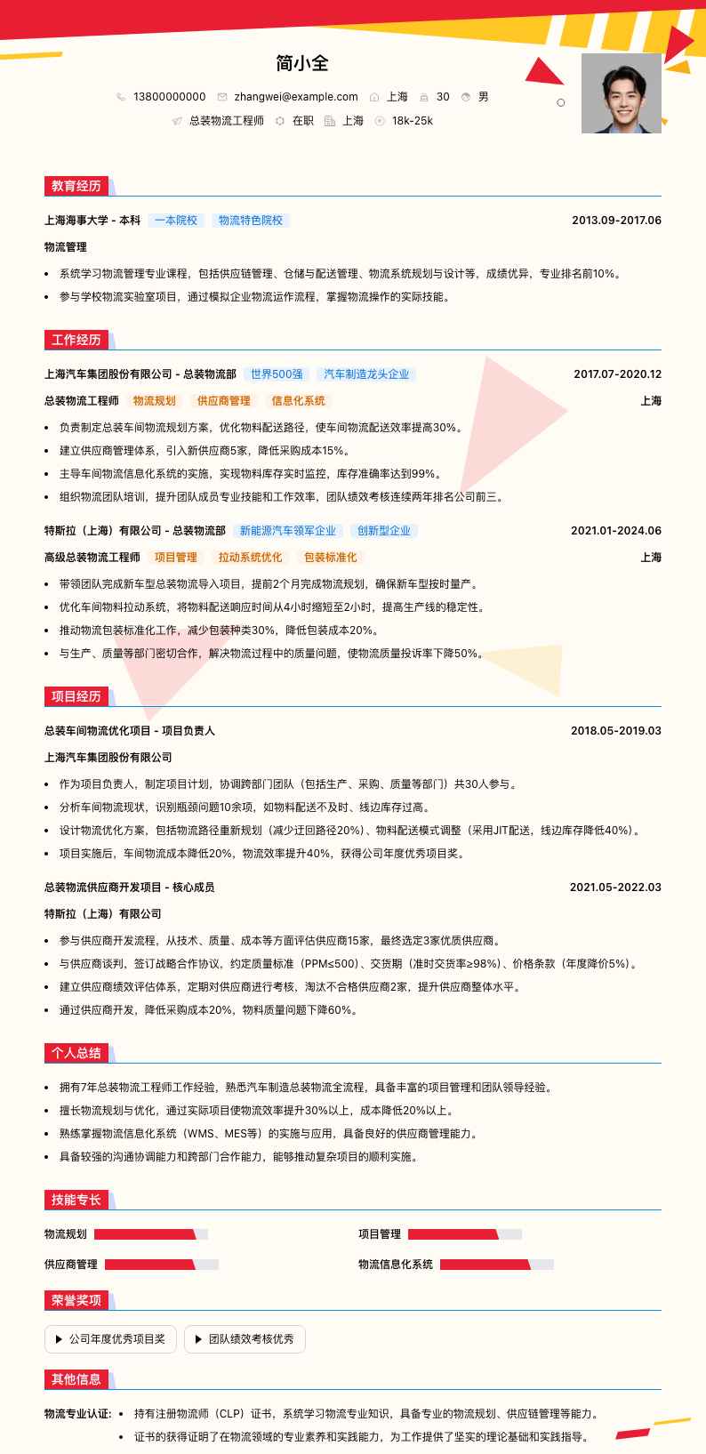 总装物流工程师简历模板