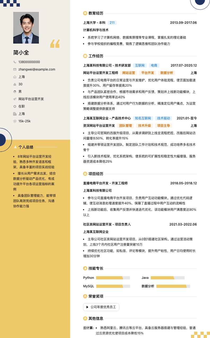 网站平台运营简历模板