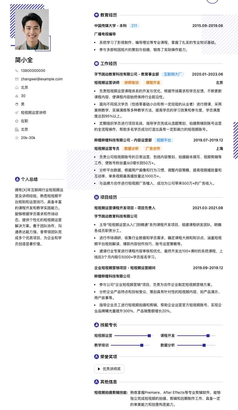短视频运营讲师简历模板